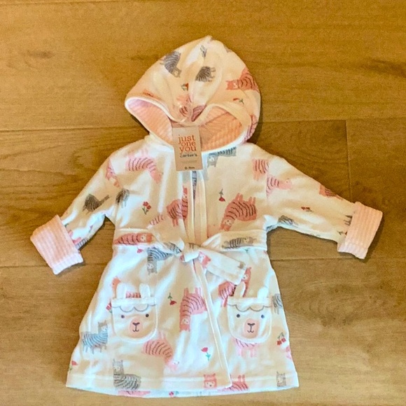 CARTER’S “Just One You” NWT Llama baby bath robe.SZ: 0-9M Pink, Gray w White - Picture 1 of 5